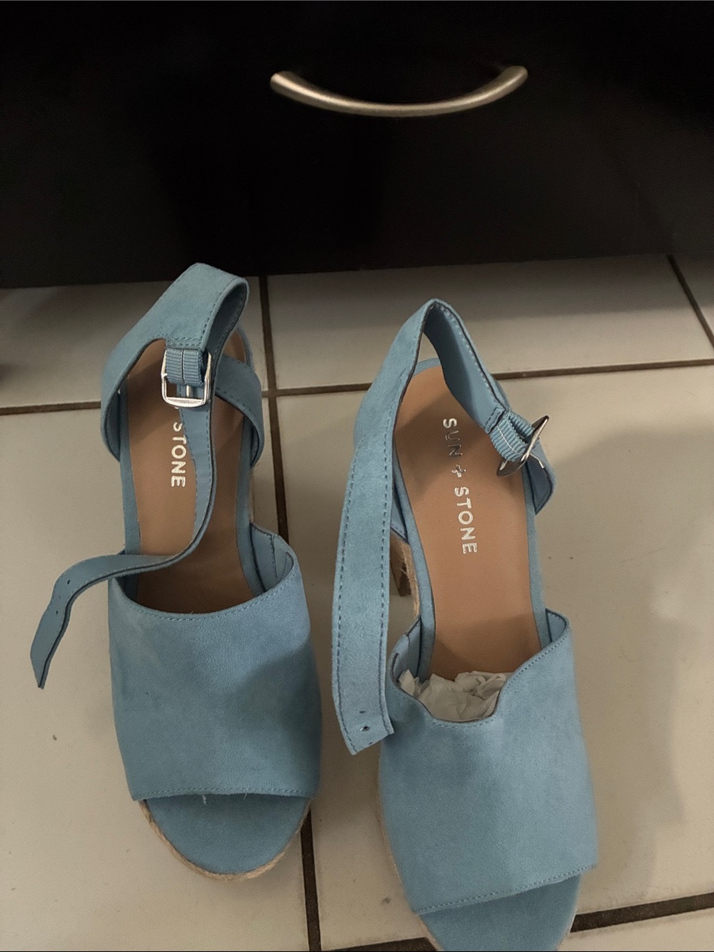 Sun + Stone Light Blue Suede Espadrille Slingback Wedges